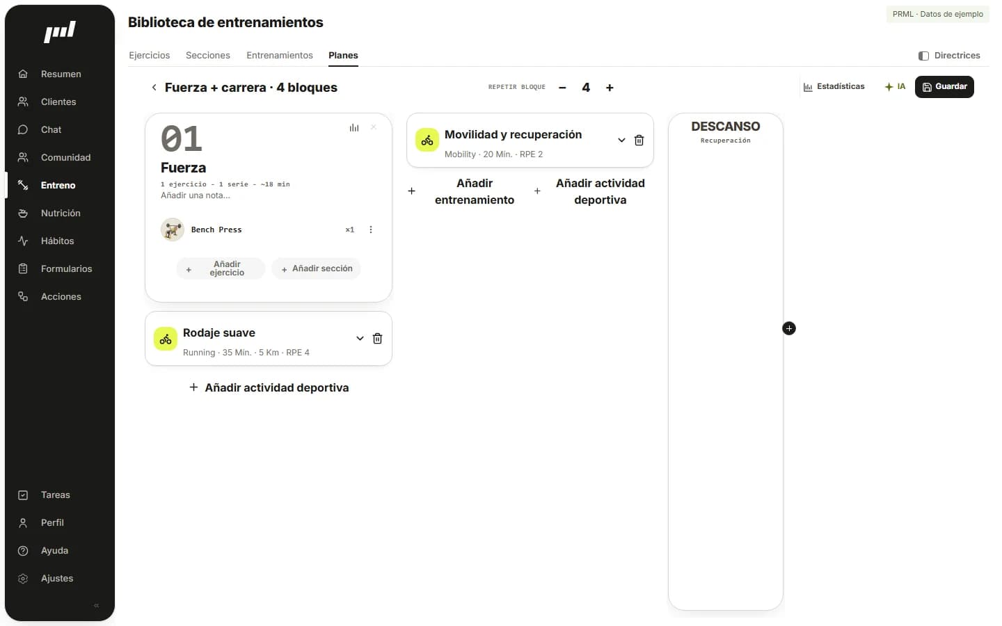 Editor actual de PRML con una sesión de fuerza y una actividad de carrera con progresión